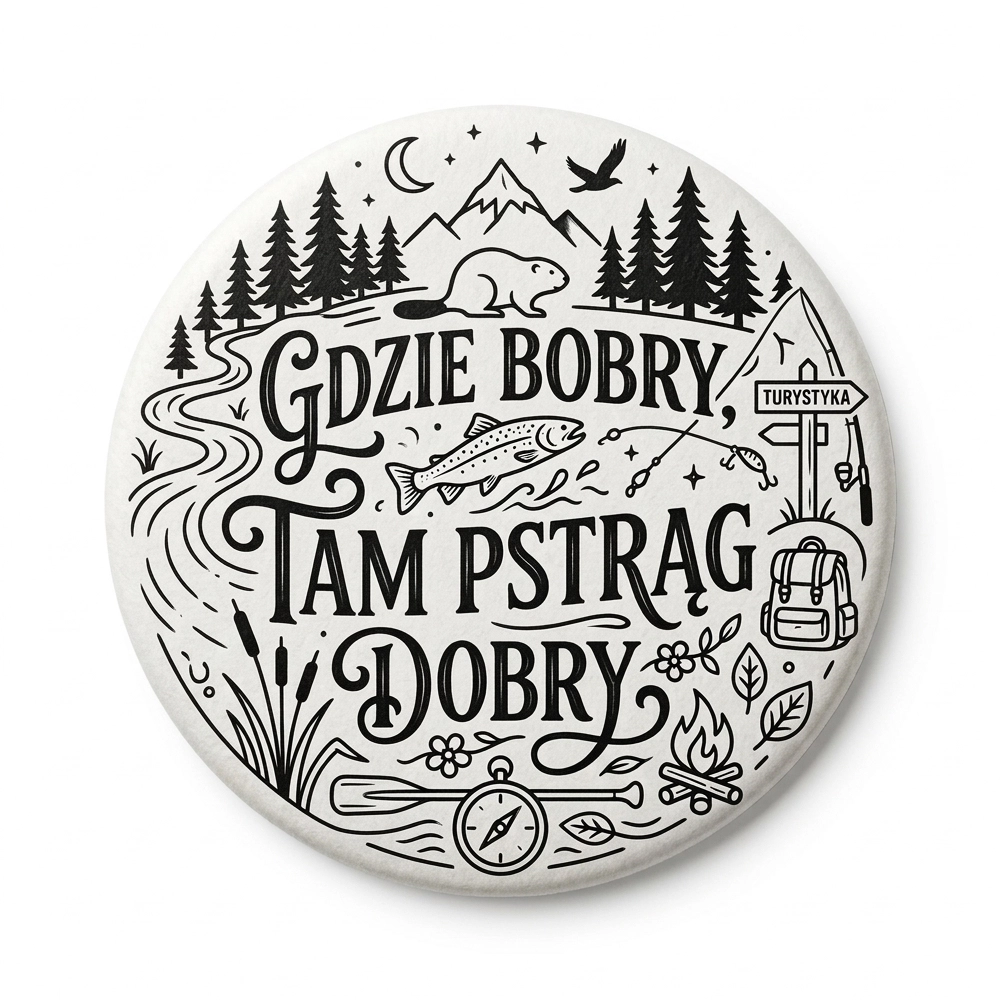 Przypinka turystyczna gdzie bobry tam pstrag dobry.webp