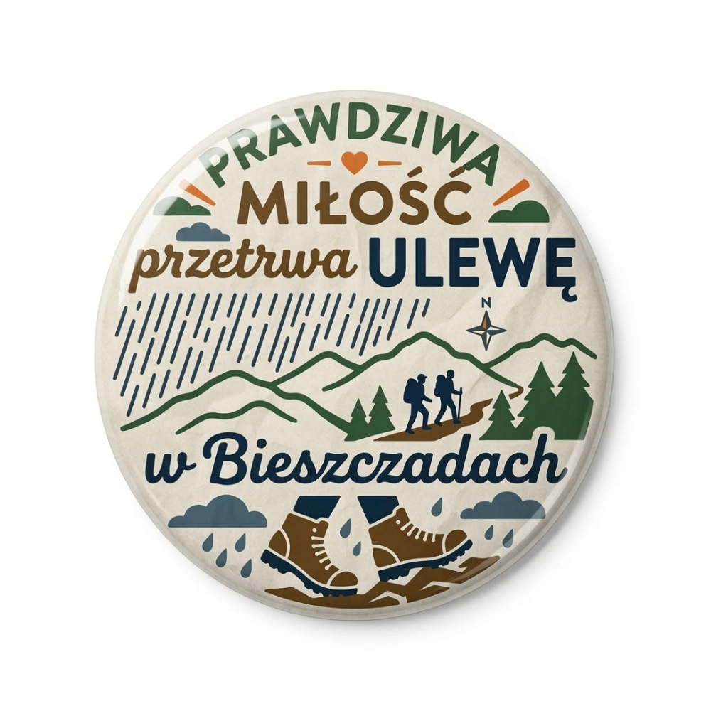 Przypinka turystyczna prawdziwa milosc przetrwa ulewe w bieszczadach kolor.webp