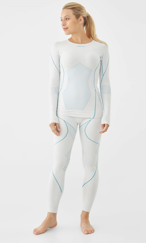 Komplet bielizny termoaktywnej damskiej z poliamidu z recyklingu Viking Lotta 02 biało-turkusowy