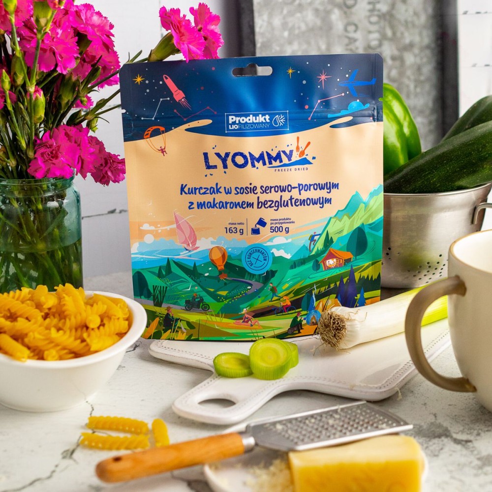Liofilizat Lyommy Kurczak w sosie serowo-porowym z makaronem bezglutenowym 500g