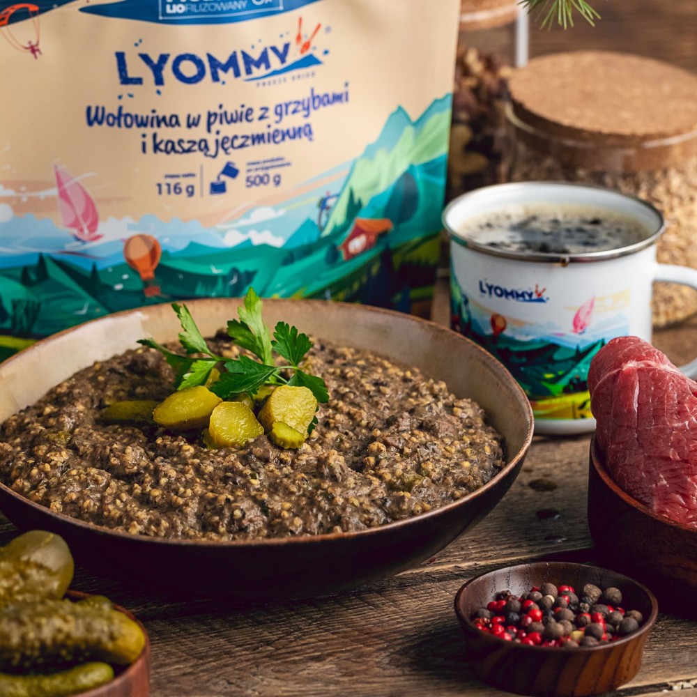 Liofilizat Lyommy Wołowina w piwie z grzybami i kaszą jęczmienną 350g