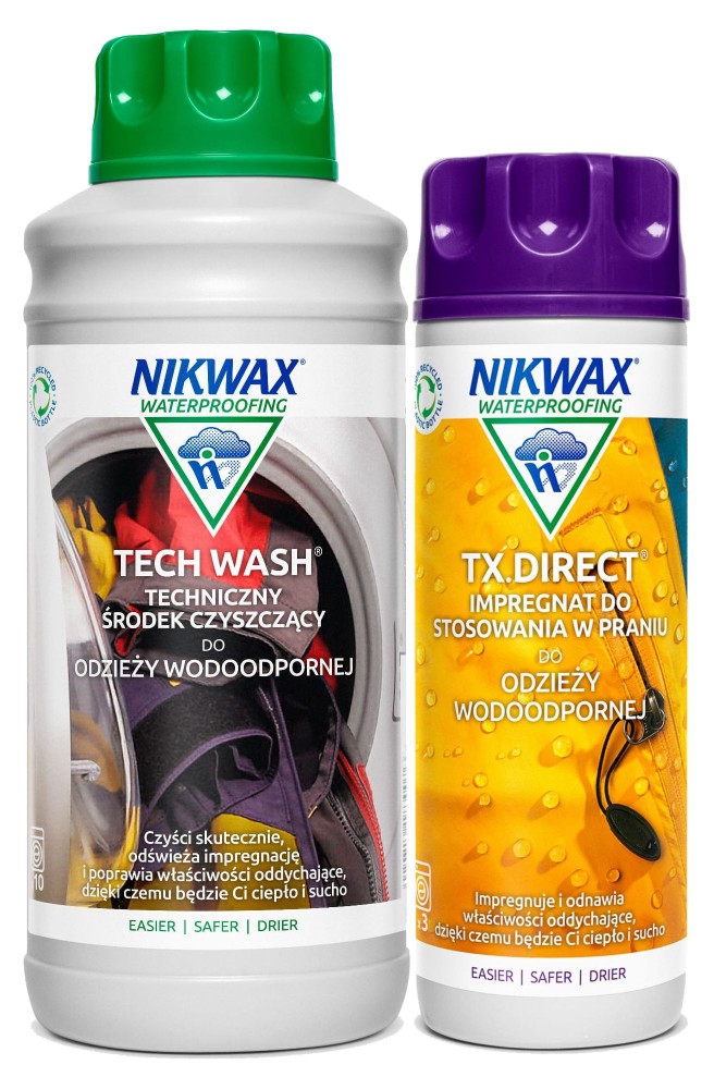 Zestaw do pielęgnacji odzieży i sprzętu outdoor Nikwax Tech Wash 1 L i TX Direct 300 ml