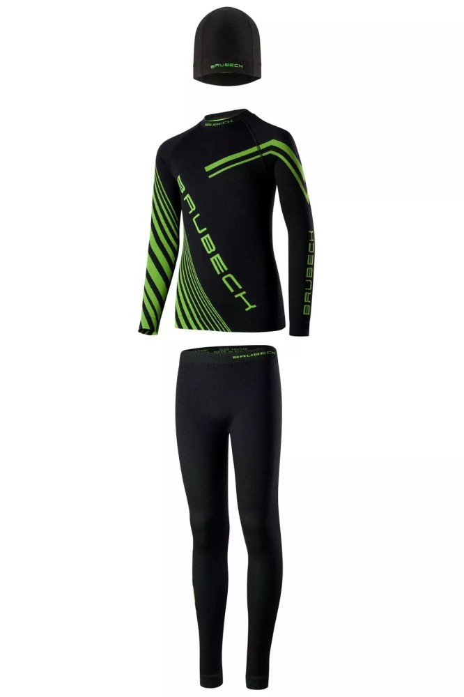 Komplet bielizny termoaktywnej piłkarskiej z czapką Brubeck Dry Junior KP1028J czarny/neonowy